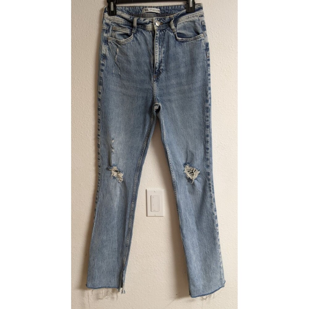 ZARA High Rise Full Length Split Hem Distressed Denim Stretch Jeans US Size 6